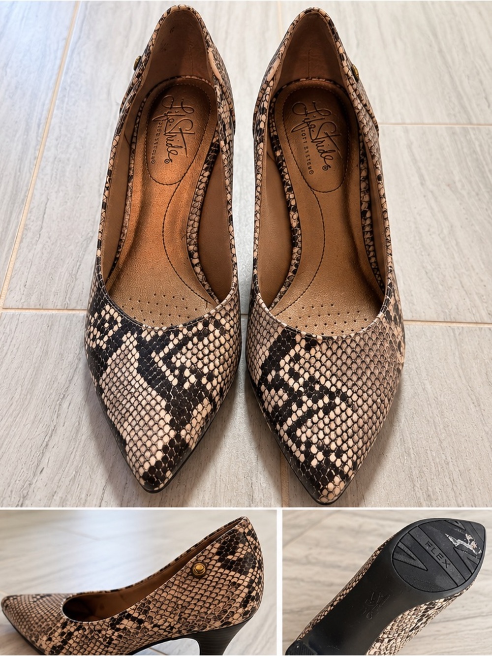 Life Stride Womens Snake-Print Pointed Toe Pumps in Brown and Black